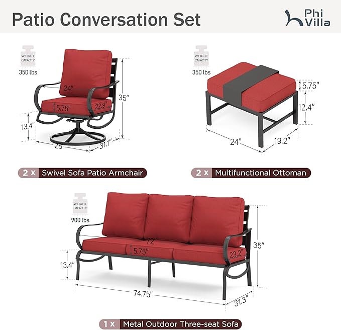 PHI VILLA 5 PCS Patio Furniture - Metal Deluxe Patio Set with 1 x 3 Seater Deep Seating Bench, 2 x Swivel Sofa Chairs & 2 x Metal Cushioned Ottoman, Outdoor for Garden, Red