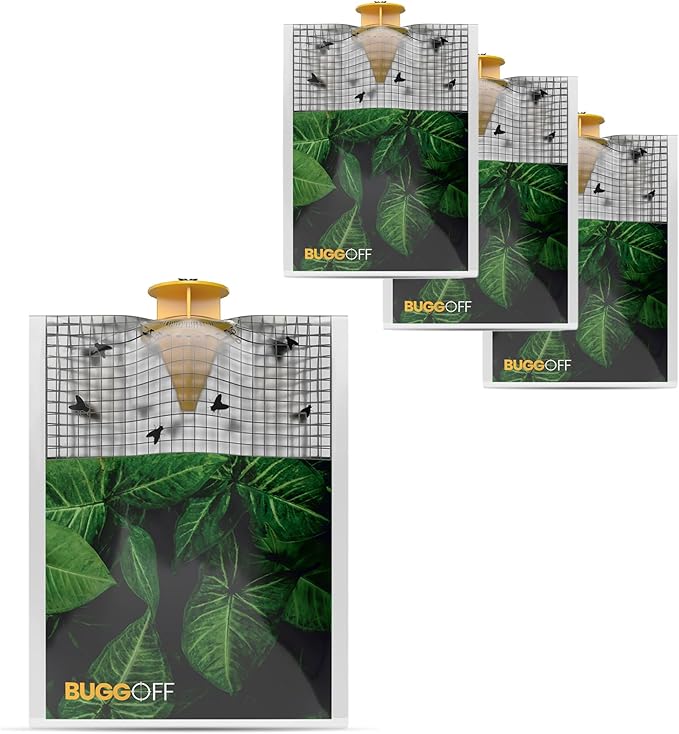 BUGGOFF - 4 Pack Outdoor use only, Disposabe Hanging Fly Traps with Natural Pre-Bait, Catches Flyes everywhere anywhere, Stables, Ranches, Cottages and More. Discrete design, Easy fill and hang setup!