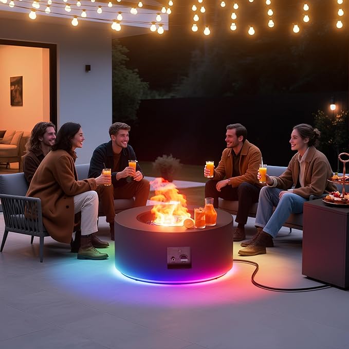 Dineli 2-Piece Outdoor Propane Fire Pit Table Set w Tank Table 30'' Round Fire Pit Table 2-in-1 Firepit Table for Outside Patio Gas Fire Pit w LED, 50,000 BTU, Dark Gray with RGB Light