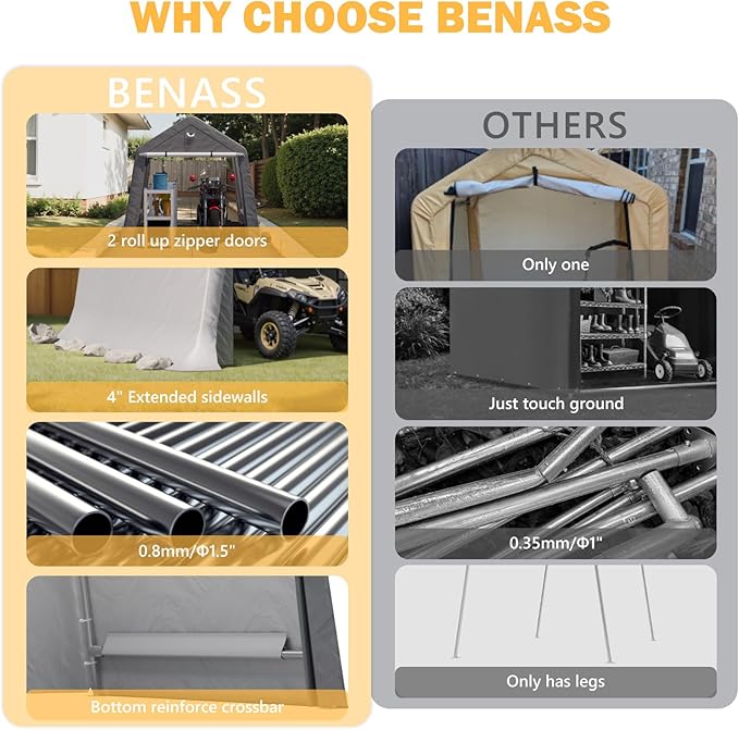 8x8 FT Outdoor Storage Shed, Portable Outdoor Storage Shelter with Roll Up Zipper Door and Vent Windows, Silver Grey