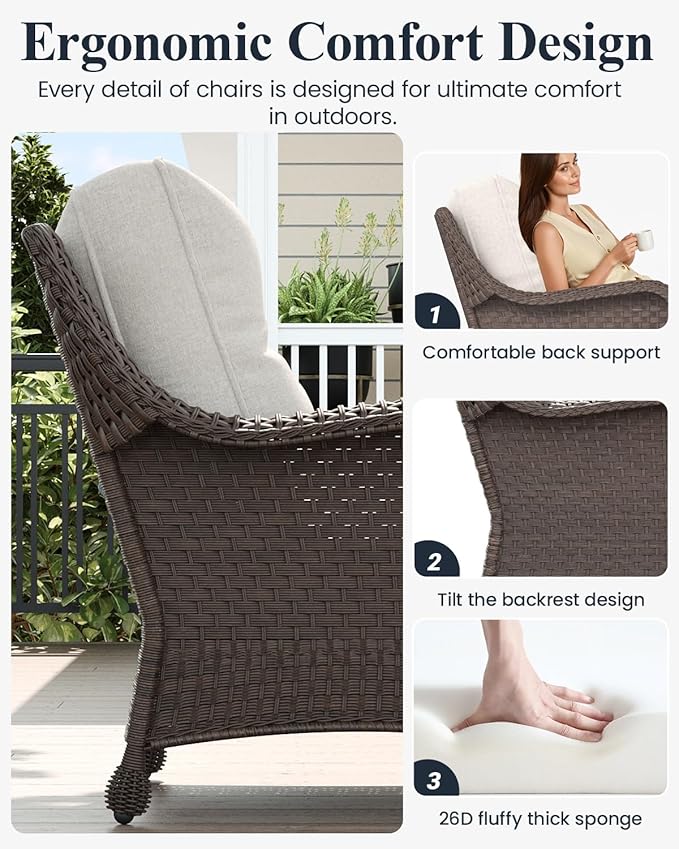 LayinSun 7 Piece Wicker Outdoor Furniture Set with 6-inch Comfy Cushions, High Back Patio Furniture Set with Rattan Armchairs and Fire Pit Table