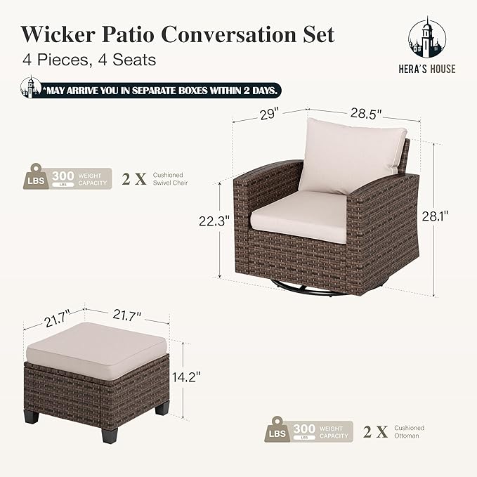 HERA'S HOUSE Patio Wicker Chairs Outdoor Swivel Rocker Chairs Set with Ottomans, 4 Piece Outdoor Seating Furniture Conversation Sets for Lawn Deck Porch Pool, Brown/Beige