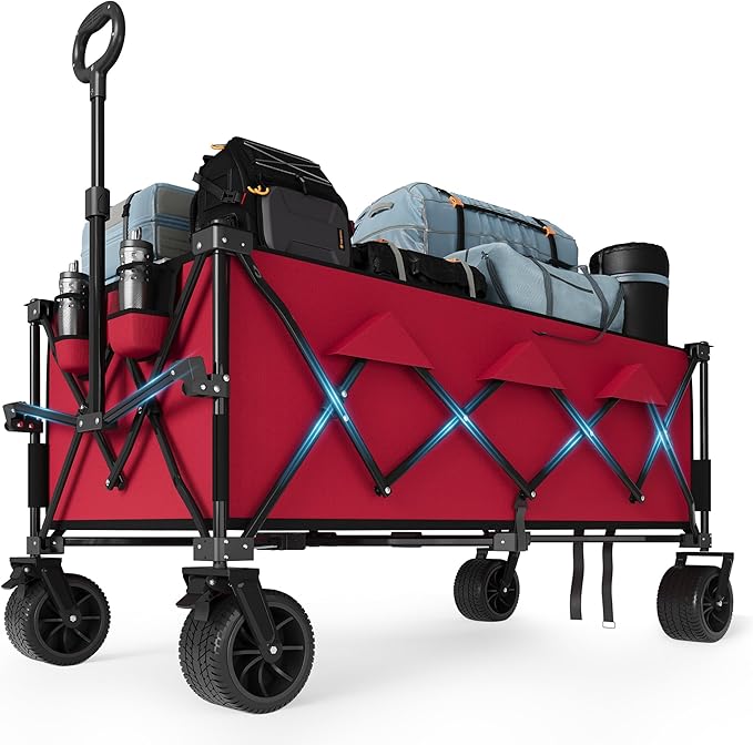 52" Foldable Wagon for Beach with 460LBS Weight Capacity, Heavy Duty 350L Extra Large Collapsible Foldable Wagon for Camping, All Terrain Beach Wagons Extended with Cup Holders for Sand