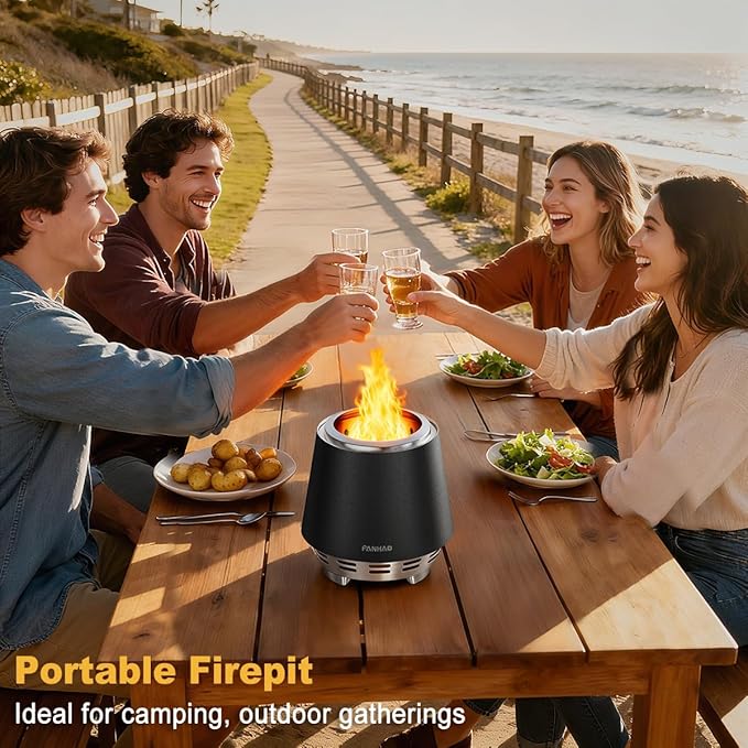 FANHAO Smokeless Tabletop Fire Pit with Stand, Stainless Steel Firepit for Camping, Outdoor & Patio, Wood Burning or Pellet Fueled Portable Bonfire with Carrying Bag | 120% More Efficient Burn