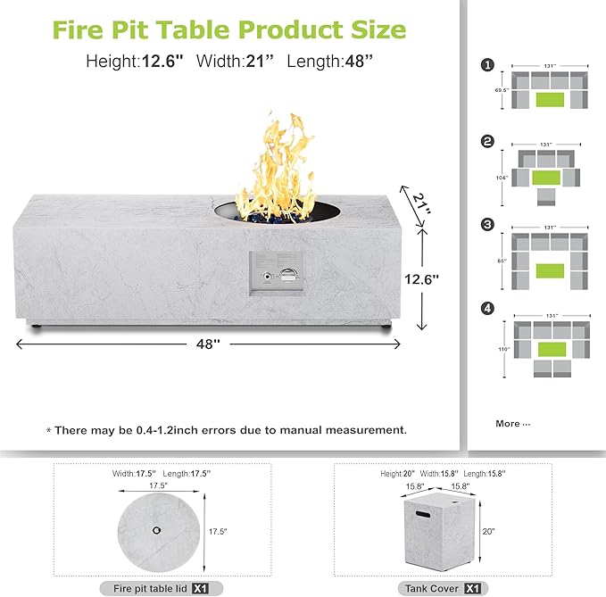 Dineli 2-Piece Outdoor Propane Fire Pit Table Set w Tank Table 48'' Rectangular Firepit Gas Fire Pits for Outside Patio Fire Table Tabletop Fire Pits w CSA Certified, 50,000 BTU, Stone-Look Marble