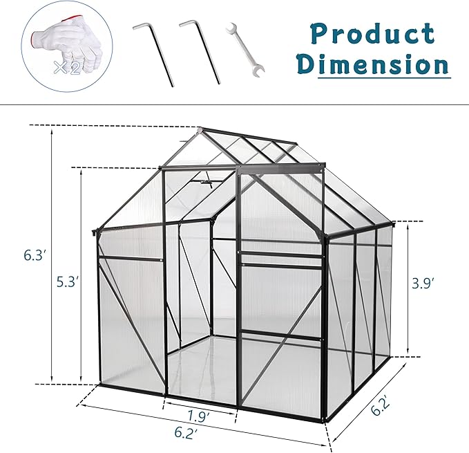 6×6 FT Compact Polycarbonate Greenhouse for Outdoors, Walk-in Aluminum Green House with Sliding Door, Raised Base & Roof Vent, Small Outdoor Greenhouse for Backyard Winter Use, Black