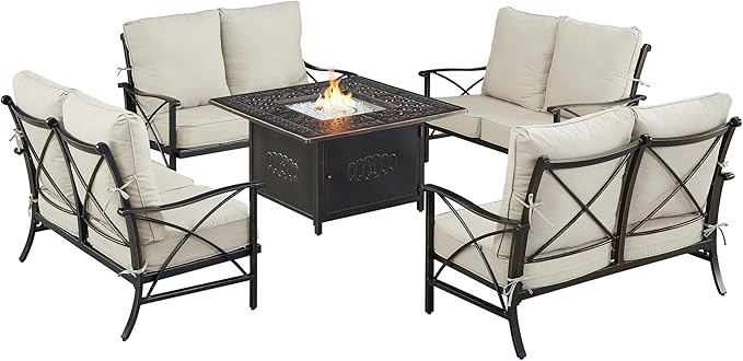 Oakland Living Black Aluminum Patio Fire Table Set with Four Deep Seating Loveseat with Cushions