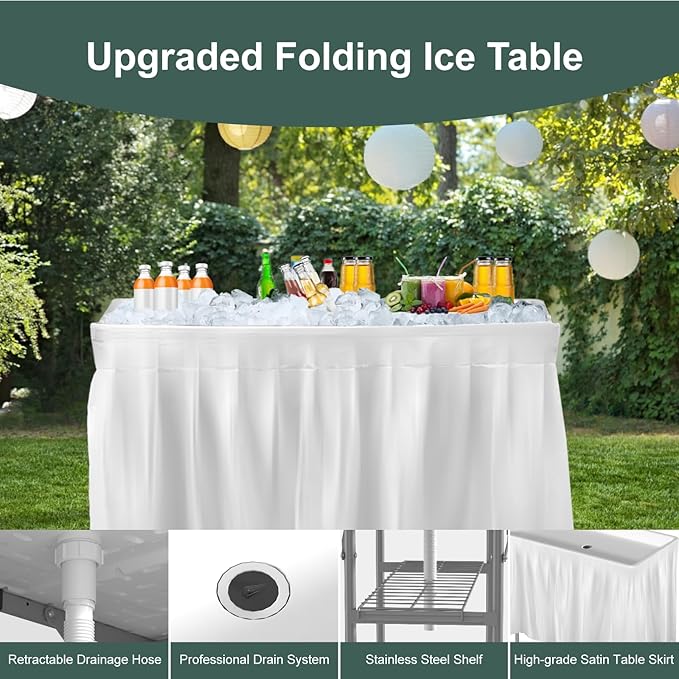 IWDOO 4 Foot Ice Cooler Table, Folding Tailgate Camp Fishing Cleaning with Matching Skirt & Drain Hose, Plastic Ice Table for Party, BBQ, Camping, Picnic, Barbecues to Keep Drinks Cool, White