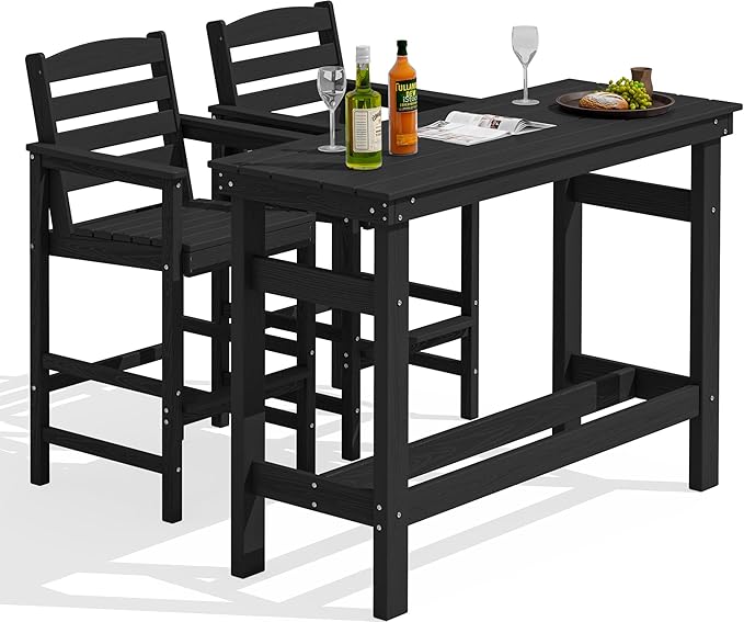 SERWALL Outdoor Bar Set - 2 Adirondack Bar Chairs & Bar Height Table with 1.6" Umbrella Hole, All-Weather HDPE Patio Furniture for Poolside, Backyard, Garden - Black