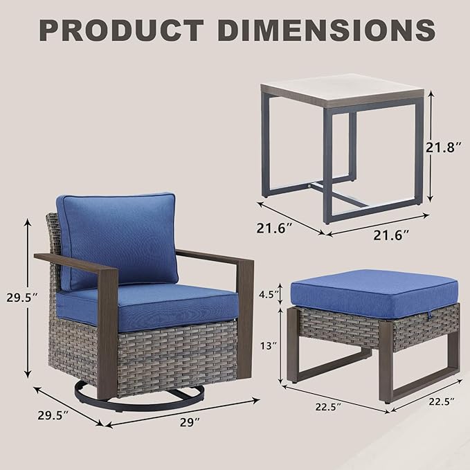 Rilyson Outdoor Wicker Patio Furniture Set - 5 Piece Patio Conversation Set with 2 Wicker Swivel Rocker Chairs,2 Ottoman, 1 Side Table, Thick Cushions, Deep Seating, Wide Armrest(Mixed Grey/Blue)