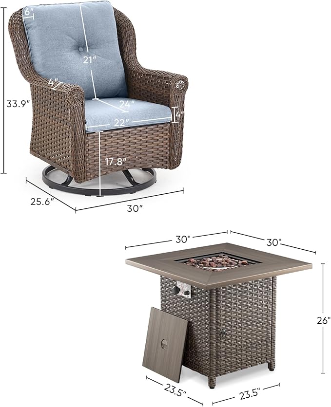 Outdoor Patio Swivel Gliders with Fire Pit Table 5 Piece Set - High Back Brown Wicker Rattan Rocking Chair with Thick Cushion for Porch Apartment Deck Yard Poolside Garden - Baby Blue