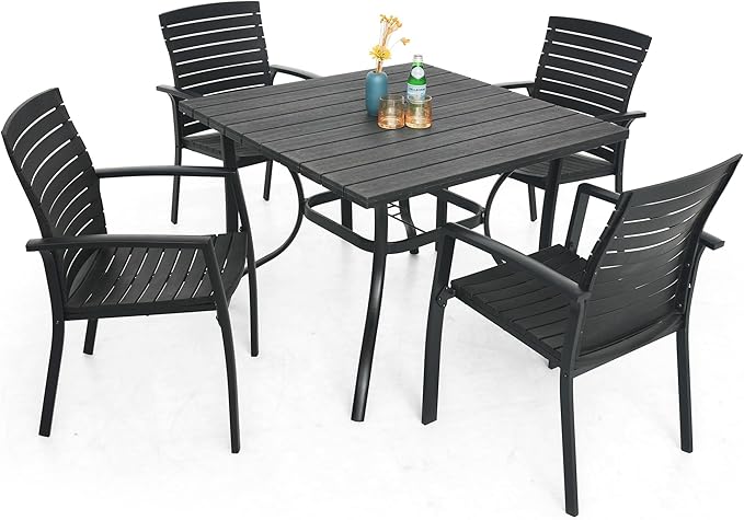Outdoor Dining Table with 1.6" Umbrella Hole, Picnic Table Brown Plastic Square Backyard Bistro Table Outdoor Dining Table for Garden, Poolside, Backyard