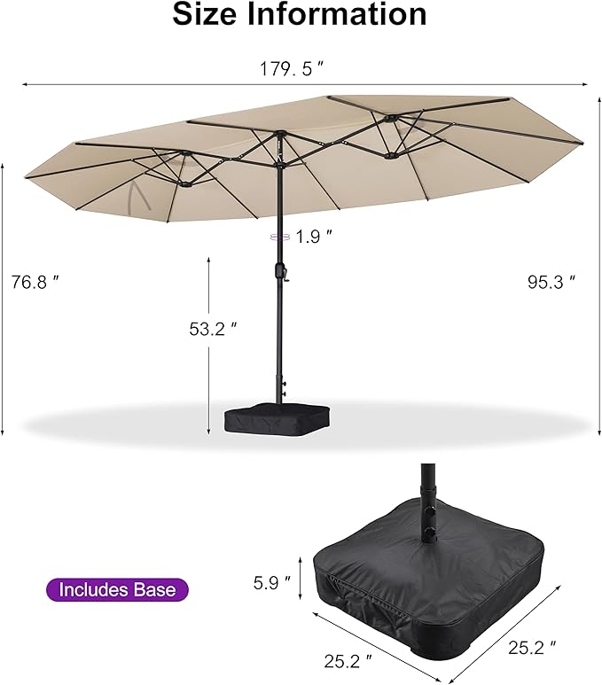 PURPLE LEAF 15ft Patio Market Umbrella with Base Double-Sided Rectangle Outdoor Table Sun Umbrellas with Crank 12 Heavy Duty Sturdy Ribs for Pool Beach Deck Backyard Khaki