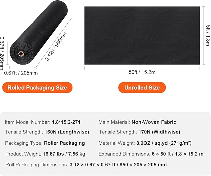 VEVOR Geotextile Landscape, 6ft x 50ft 8 oz, Non-Woven PP Drainage 350N Tensile Strength & 440 N Load Capacity, for Ground Cover, Garden Fabric, French Drains, Black