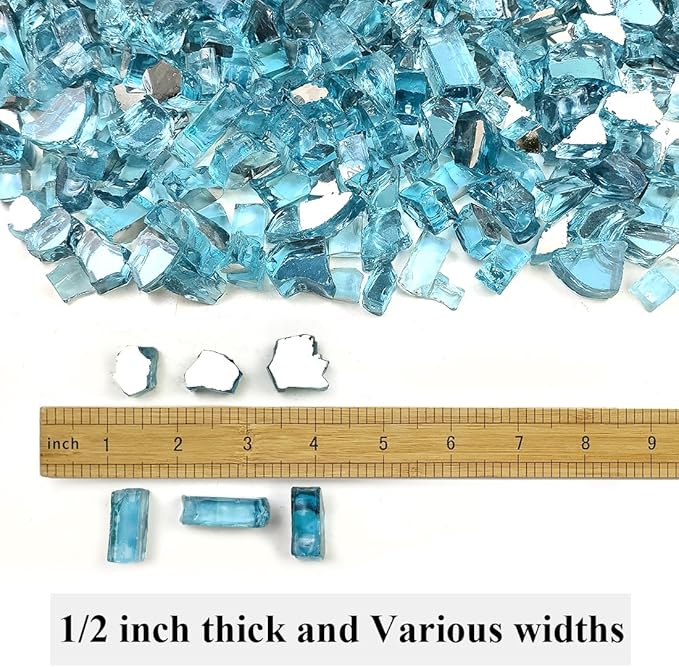 Fire Glass for Propane Fire Pit, 1/2 Inch High Reflective Fireplace Glass Rocks for Fire Pit Table, Fire Pit Glass Rocks for Outdoor Fire Table and Landscaping, 5 lbs, Aqua Blue