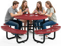 Metal Picnic Tables for Outdoors with Umbrella Hole - Coated Steel Heavy Duty Commercial Grade Furniture Set with Adjustable Seats (Red, 46 in, Round, Expanded Steel)