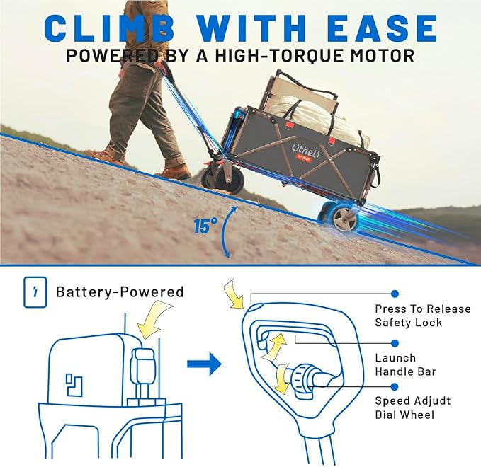 Litheli Electric Wagon Cart with 2 Batteries, All-Terrain Wheels & Variable Speed | 200L Capacity, 300 lbs Heavy-Duty Utility Wagon for Camping Beach Garden Shopping, Grey