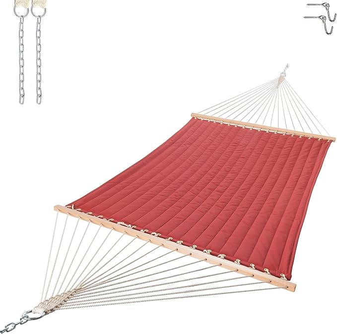 Castaway Living Large Red Quilted Polyester Hammock – 13 ft. x 55 in., 2-Person, 450 lb Capacity, Free Extension Chains & Tree Hooks – Designed for Patio, Yard & Garden Relaxation