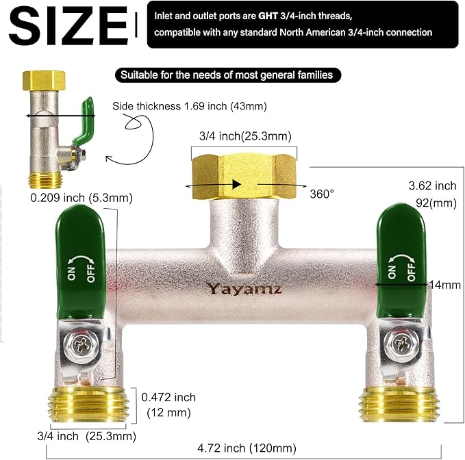 2 Way Garden Hose Splitter, Heavy Duty Brass Nickel Plated Rust Resistant Faucet Manifold, 3/4" Frost Resistant Outdoor Hose Adapter Connector，Hose Spigot Adapter with 2 Large Green Handles