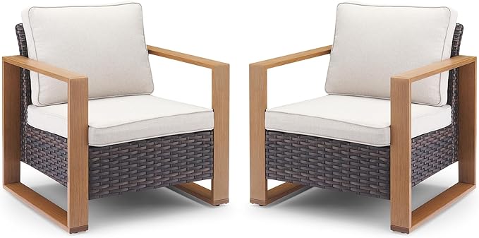 Belord Patio Wicker Chairs Set of 2-350 LBS Weight Capacity Wicker Outdoor Club Chair Set with Metal Wide Armrests for Porch Deck Sunroom Backyard