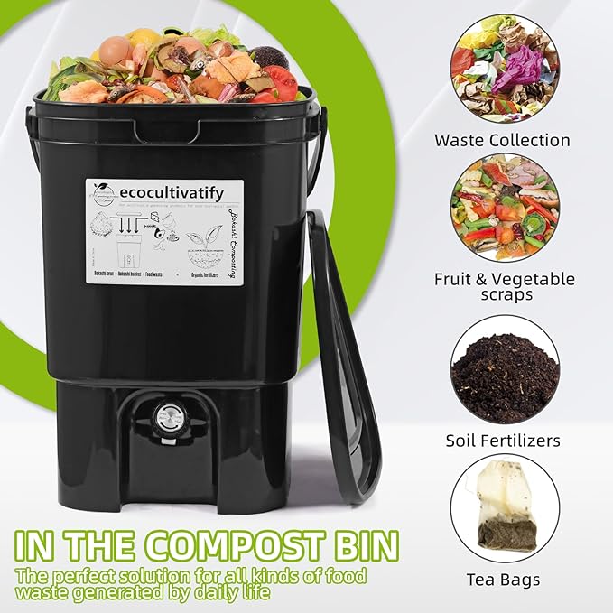 Bokashi Compost Bin, 5 Gallon Composter with Bokashi Bran, Indoor Compost Bin, Kitchen Countertop Compost Bin with Lid, Outdoor Composter Starter Kit