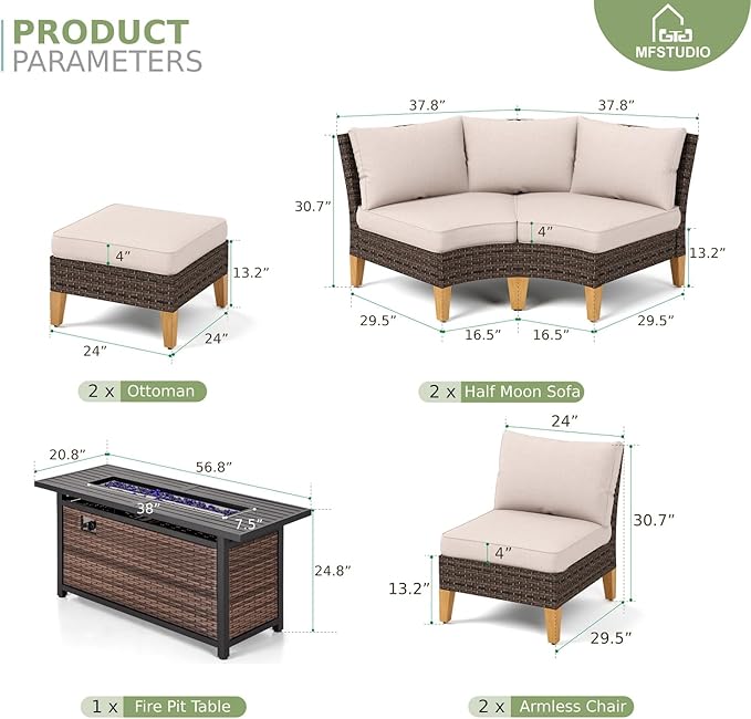 MFSTUDIO 9 Pieces Wicker Patio Furniture Set with 56" Fire Pit Table, Rattan Half-Moon Patio Conversation Set Outdoor Sectional Sofa Set, 4 x Curved Sofa, 2 x Armless Sofa, 2 x Ottoman(Beige Cushion)
