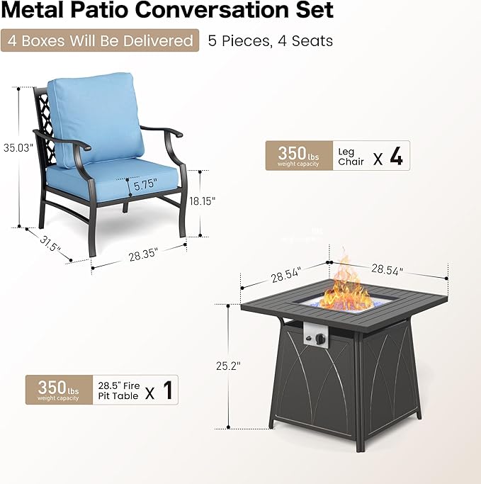 SUNSHINE VALLEY 5 Piece Metal Outdoor Patio Furniture Set with Fire Pit Table, Patio Conversation Sets 4 Fixed Chairs with 5.75" Thick Cushion and 5000 BTU Fire Pit Table, Backyard Furniture, Blue