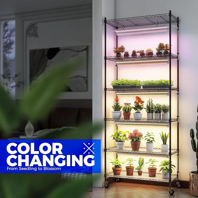 Barrina CX2 Plant Stand with Grow Lights for Indoor Plants, 6-Tier Metal Plant Shelf Display Rack with 2FT 150W Full Spectrum Plant Light, 3 Adjustable Spectrum, Timer, for Growing, 29.5x13.8x71IN