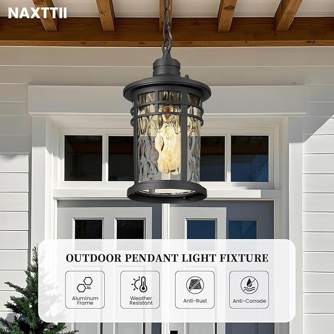 Naxttii Outdoor Pendant Lights for Porch Aluminum Hanging Porch Light with Water Ripple Glass Hanging Lantern for Front Patio Gazebo Foyer or Garage