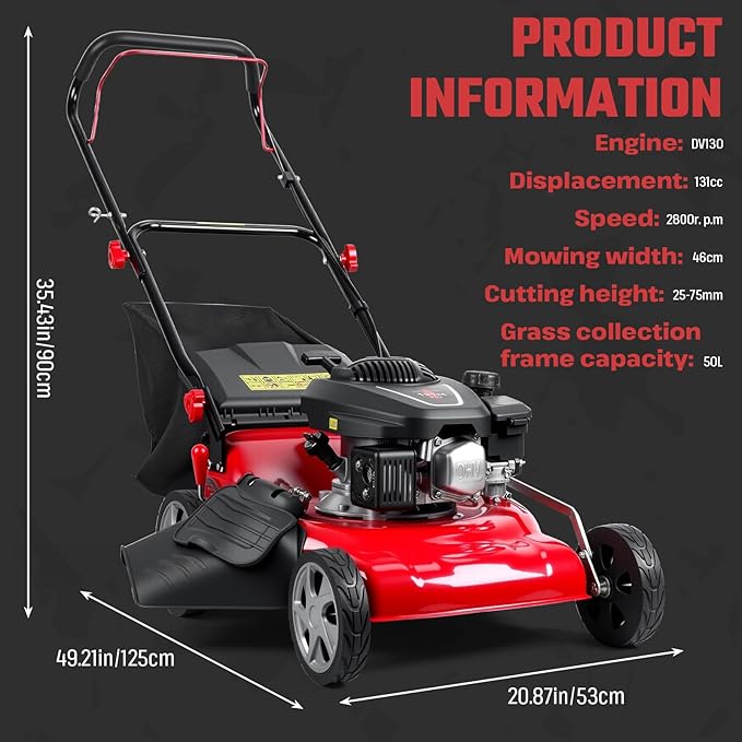 3-in-1 Self-Propelled Lawn Mower, 131cc Gas Engine, Push Mower with 50L Grass Catcher, Adjustable Cutting Height (25-75mm), Rear-Wheel Drive Lawn Mower for Easy Maneuvering (Red)