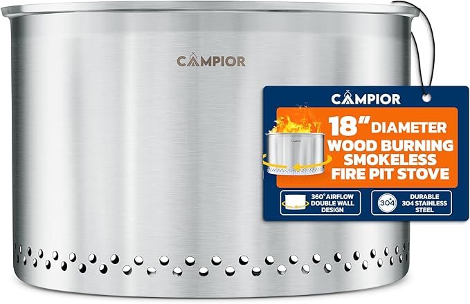 Smokeless Fire Pit, 18" Portable 304 Stainless Steel Outdoor Stove with 360° Airflow Design, Removable Ash Pan, Easy Setup, for Backyard, Camping, and Garden Gathering, Wood Burning Fire Pit