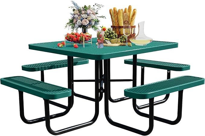 Sunnibety 8-Person Picnic Tables for Outdoors, Industrial 46" Expanded Metal Square Picnic Table with 4 Benches & Umbrella Hole, Outside Table and Bench Set for Garden, Backyard, Porch, Patio, Green