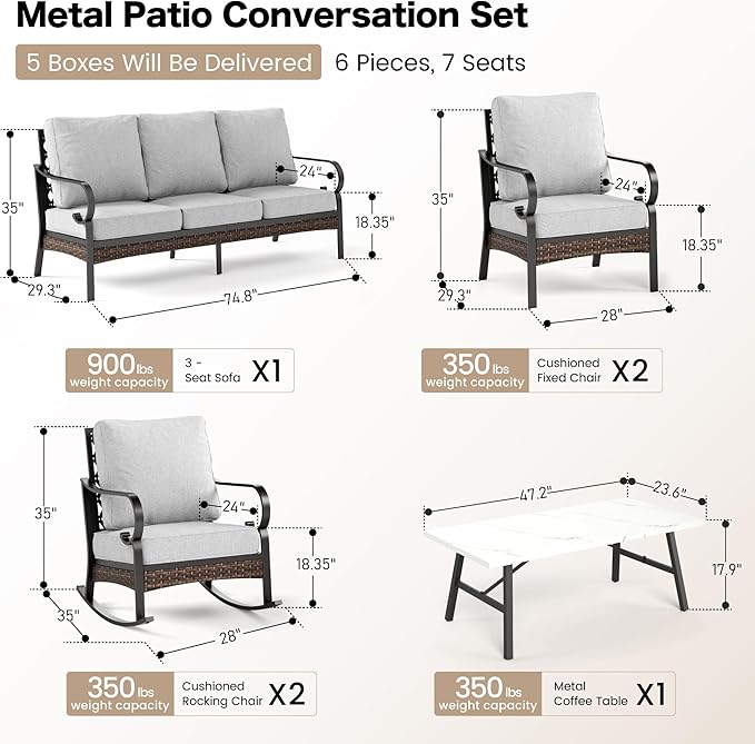 SUNSHINE VALLEY 6 Piece Metal Outdoor Patio Furniture Set, Patio Conversation Set with 1 3-Seater and 2 Fixed Sofas, 2 Rocking Sofas with 5.75" Cushion & Coffee Table, Black and Light Gray