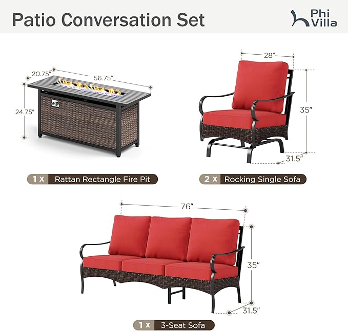 Patio Furniture Set with 56" Fire Pit Table, Premium Outdoor Wicker Metal Frame Furniture with Upgraded Waterproof Thick Cushions for Porch, Poolside, Deck, and Yard （4 Pieces,Red