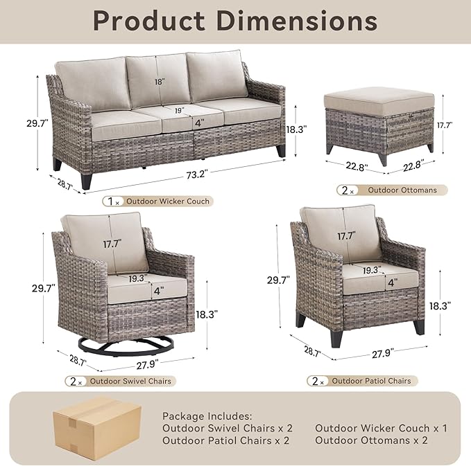 Wicker Patio Furniture Set-7 PieceAll Weather Outdoor Conversation Sets Sectional Sofa with Wicker Swivel Rocker Patio Chairs, Thick Cushions Ottomans for Porch Balcony Patio Deck Grey/Beige
