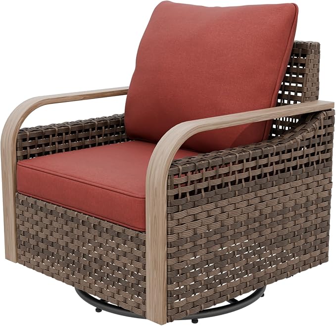 EAGLE PEAK Modern Wicker Outdoor Glider Rocking Chair, Swivel Rocker, Rattan Patio Furniture for Yard Deck Porch Garden, 1 Chair, Brown/Red