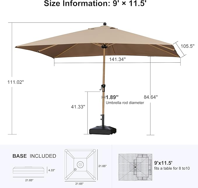PURPLE LEAF 9' x 11.5' Patio Umbrella with Base Outdoor Umbrella Market Umbrella with Crank & 8 Ribs Aluminum Rectangular Table Umbrella Outdoor Patio for Backyard, Taupe