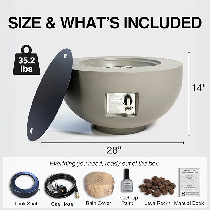 28-inch Outdoor Round Fire Pit Table,40,000 BTU Fire Pit Bowl, Light Concrete Propane Fire Pit with Free Lava Rocks, Rain Cover and Burner Lid, for Outside Patio, Garden, Deck, Light Grey