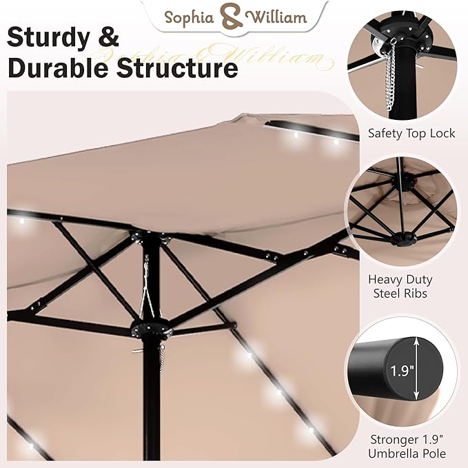 Sophia & William 15 ft Extra Large Patio Umbrella with Solar Lights, Rectangular Outdoor Umbrella with Base Included, Market Umbrella Double-sided Heavy Duty for Pool Garden Backyard, Beige