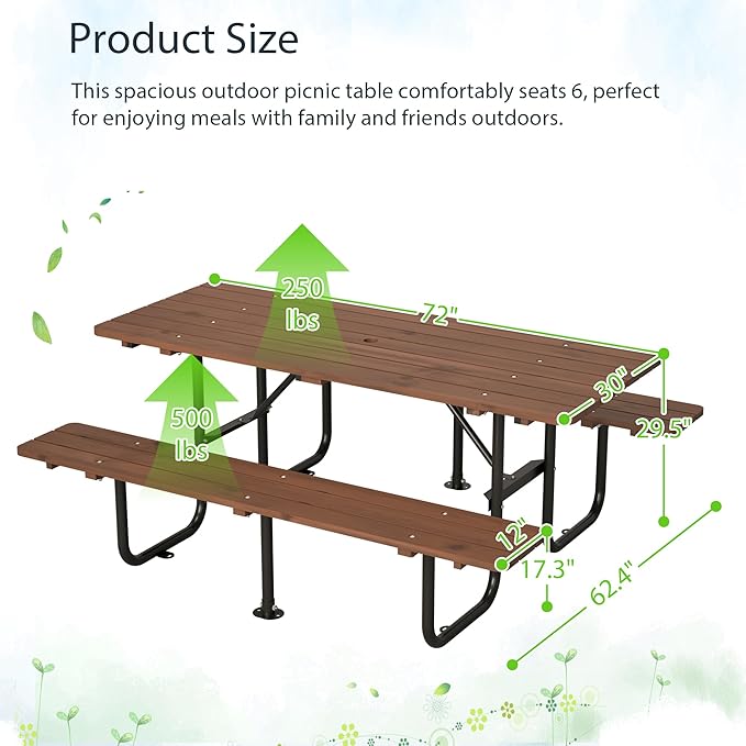 Rueekfil 72" Rectangular Commercial Picnic Table with Wooden Top, Metal Legs, Durable Outdoor Dining Table Camping Table with 1.97" Umbrella Hole for School, Warehouse, Brown