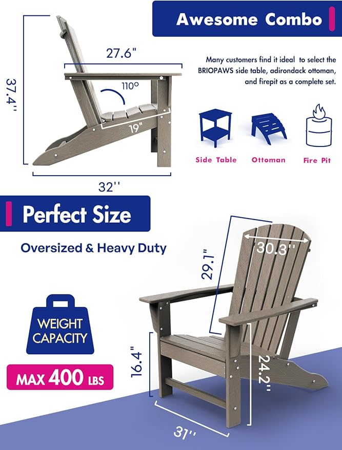 BRIOPAWS Adirondack-Chairs-Set of 6 | Wood Grain | Fire Pit Chair | Oversized | HDPE Plastic | Weather Resistant | for Deck Outdoor Poolside Campfire