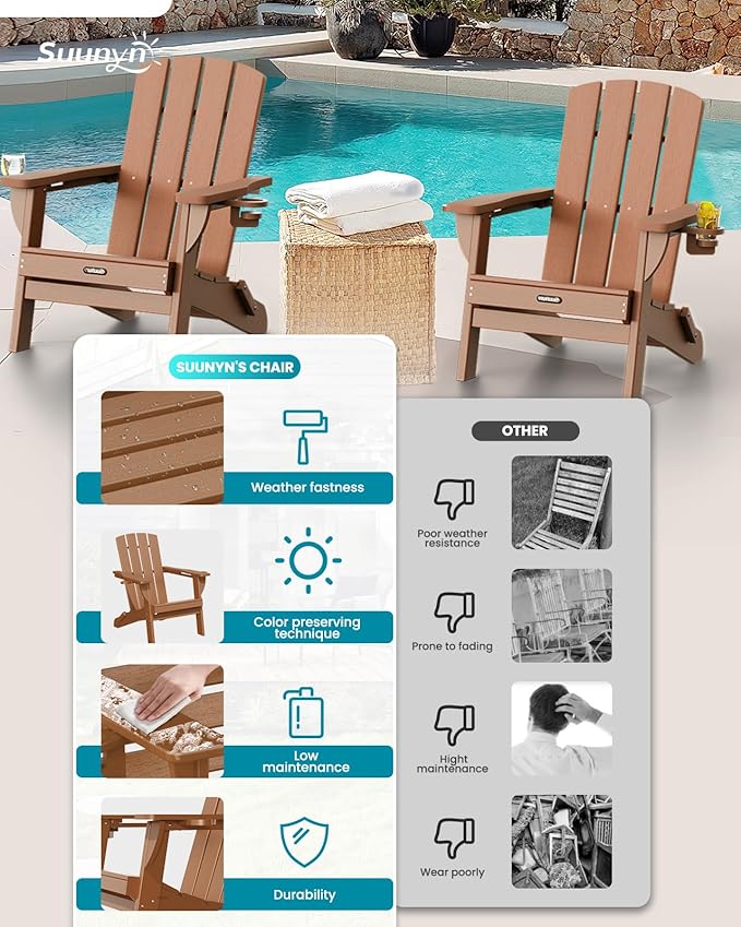 Folding Adirondack Chair 4 Pack, HDPE All-Weather Fire Pit Chairs, Plastic Adirondack Chairs with 2 Cup Holder, Outdoor Lawn Chair for Patio Garden (Teak)