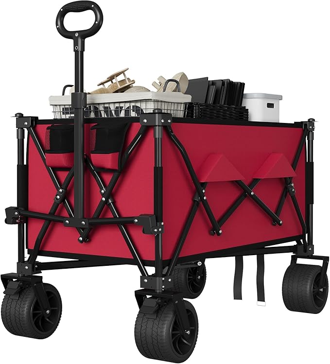 35" Foldable Wagon for Beach with 350lbs Weight Capacity, Heavy Duty 280L Extra Large Collapsible Foldable Wagon for Camping, All Terrain Beach Wagons Extended with Cup Holders for Sand