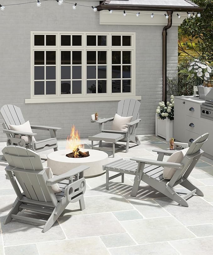 Adjustable Adirondack Chair with Retractable Ottoman Set of 2, HDPE Folding Adirondack Chair with Cup Holder, All Weather Fire Pit Chair for Outdoor,White Grey
