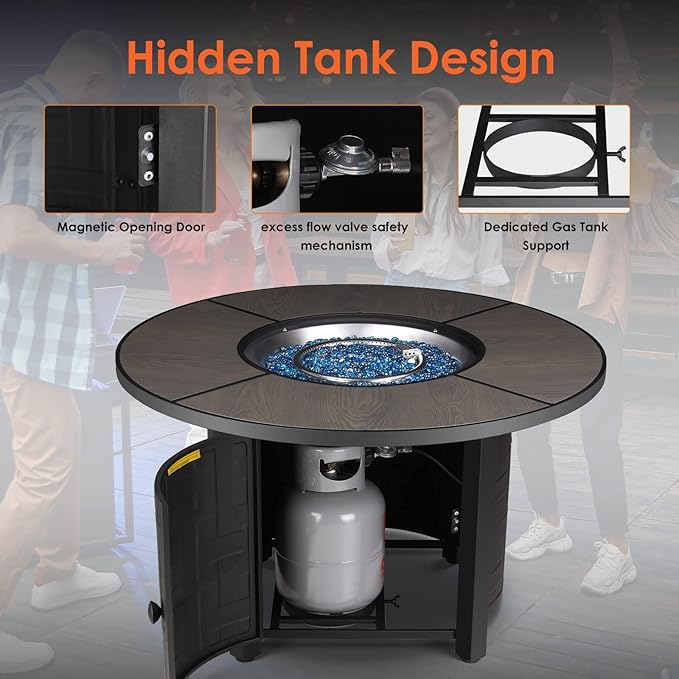 TLGREEN Propane Fire Pit Table 42in, 50,000 BTU Auto-Ignition Round Gas Fire Pits for Outside Patio, Fire Table with Waterproof Cover, Blue Stone and Lid