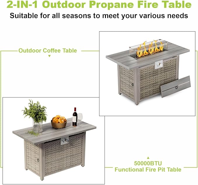 30" Round Propane Fire Pit Table - 50K BTU with Lid, Rocks Tank Storage and Cover - Round Gas Fire Pits for Outside Patio - Outdoor Table with Firepit (Brown, 43" Rectangular)