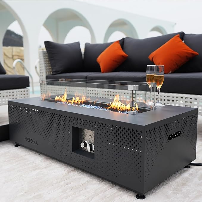 NICESOUL 42'' Outdoor Propane/Natural Gas Fire Pit Table, Rectangle Patio Firepits with Hidden Tank Table, 50000 BTU Modern Fireplace with LED Star Light for Outside Backyard, CSA Certified, Gray