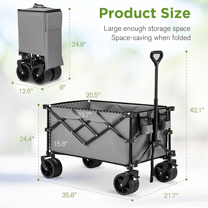 Bezseller Collapsible Wagon 400 lbs, Wagons Carts Foldable, Beach Carts with Big Wheels for Sand, Utility Folding Cart with All-Terrain Wheels, for Grocery, Sports, Shopping and Camping, Grey