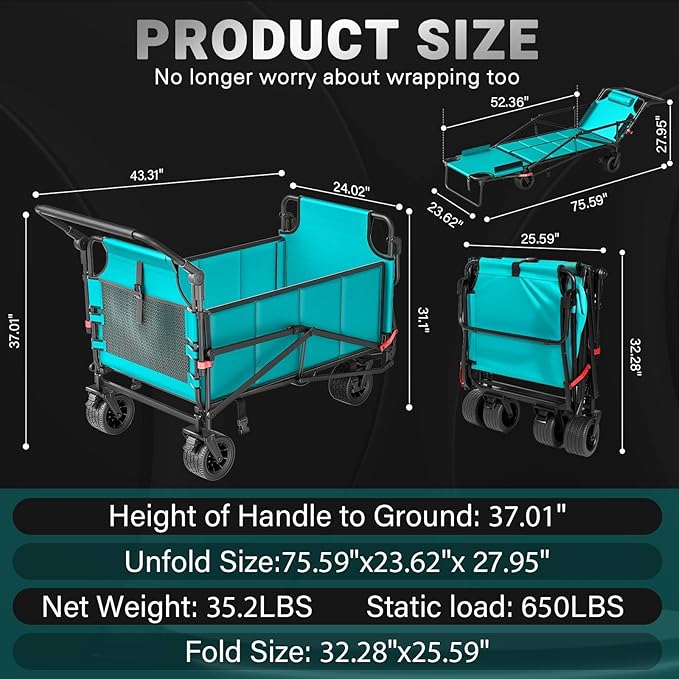 LEVELEVE Heavy Duty Folding Wagon - 2-in-1 Collapsible Cart, 650lb Capacity, All-Terrain Wheels w/Brakes & Side Pockets (Azure Blue)