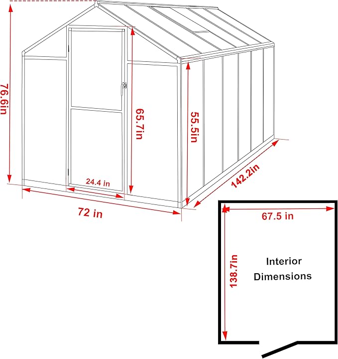 6x12 FT Polycarbonate Aluminum Greenhouse, Outdoor Walk-in Green House Kit with 2 Adjustable Roof Vents and Lockable Door, Backyard Garden in Winter, Gray